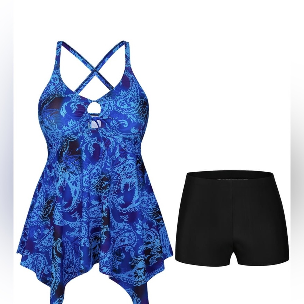 Plus size  Tankini Swimsuits Tie Front V-Neck Swimdress with Boyshorts